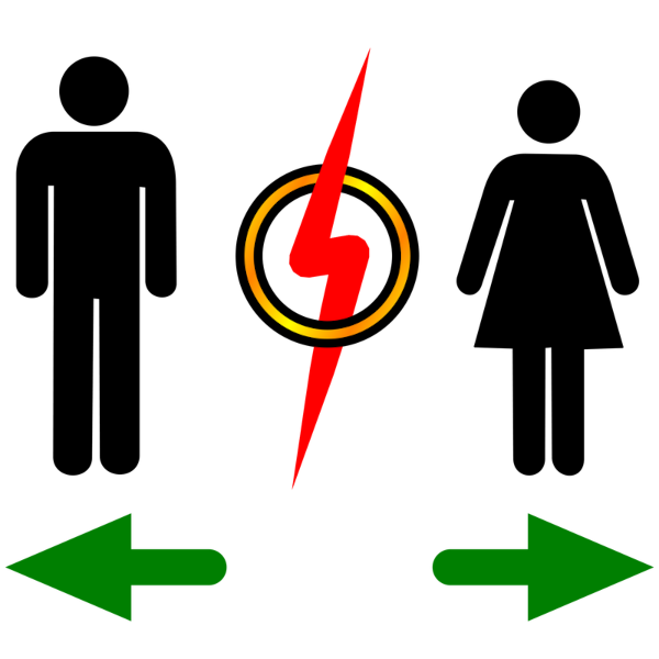 a gold ring with a red lightning bolt through it. on the left is a 'man' glyph and on the right is a 'woman' glyph. green arrows below both indicate that they are moving in opposite directions apart from each other.